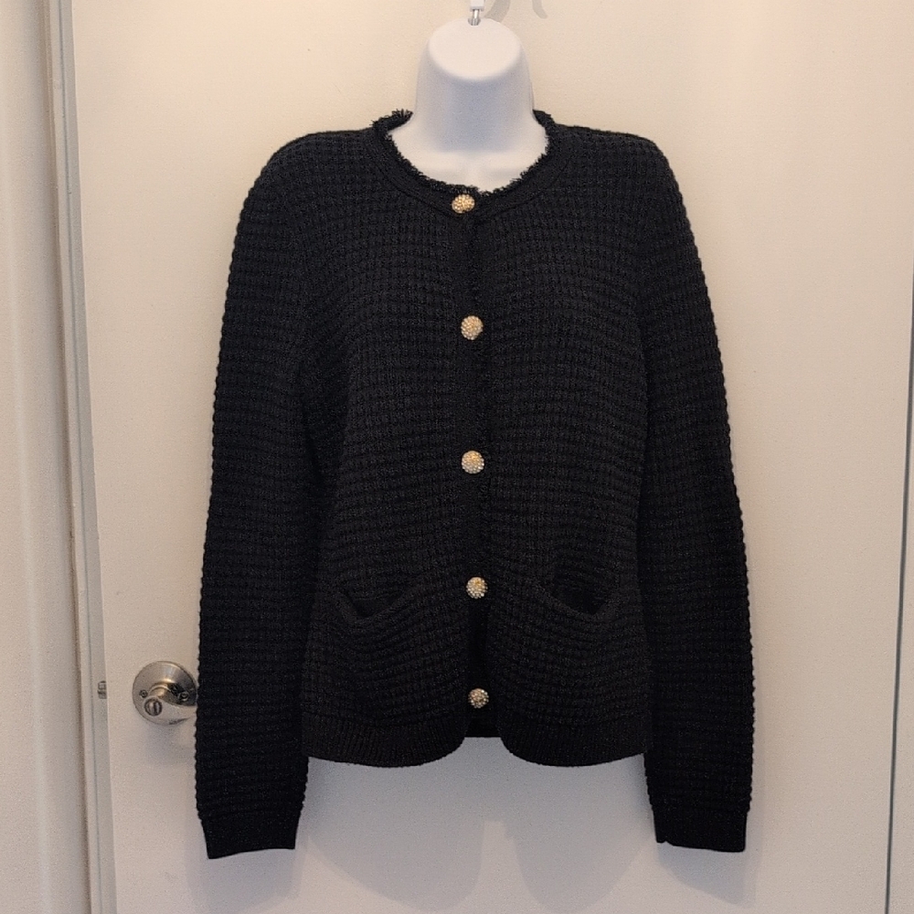 Express Black Textured Cardigan with Gold/Rhinestone Buttons